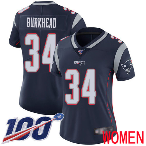 New England Patriots Football 34 100th Limited Navy Blue Women Rex Burkhead Home NFL Jersey